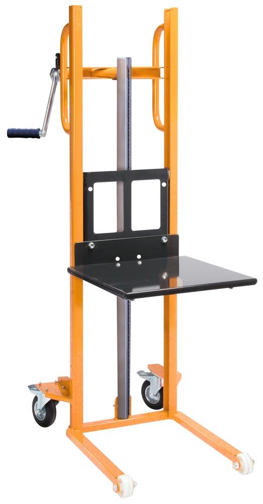 Materialheber, Traglast 150 kg, mit Plattform BxT 460x500 mm, Hubhöhe 1200 mm, Lenkräder TPE, Lasträder Polyamid, RAL 1028 melonengelb