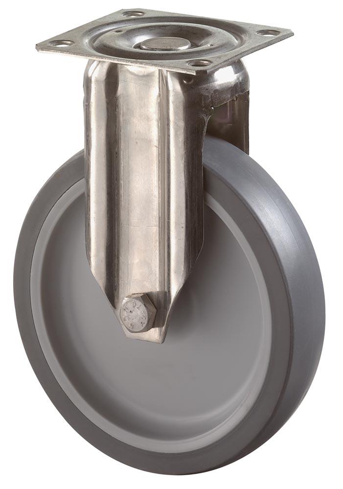 Edelstahl-Apparate-Bockrolle, thermopl. Gummi grau, Durchm. 75 mm, Traglast 60 kg, Gleitlager, Anschraubplatte