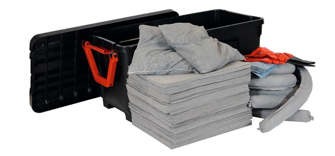Notfall-Set, BxTxH 840x600x660 mm, Aufn. 150 l, 100 Tücher, 4 Schlängel, 2 Kissen, 20 Wischtücher, Handschuhe, Entsorgungssäcke, alle Flüss., grau