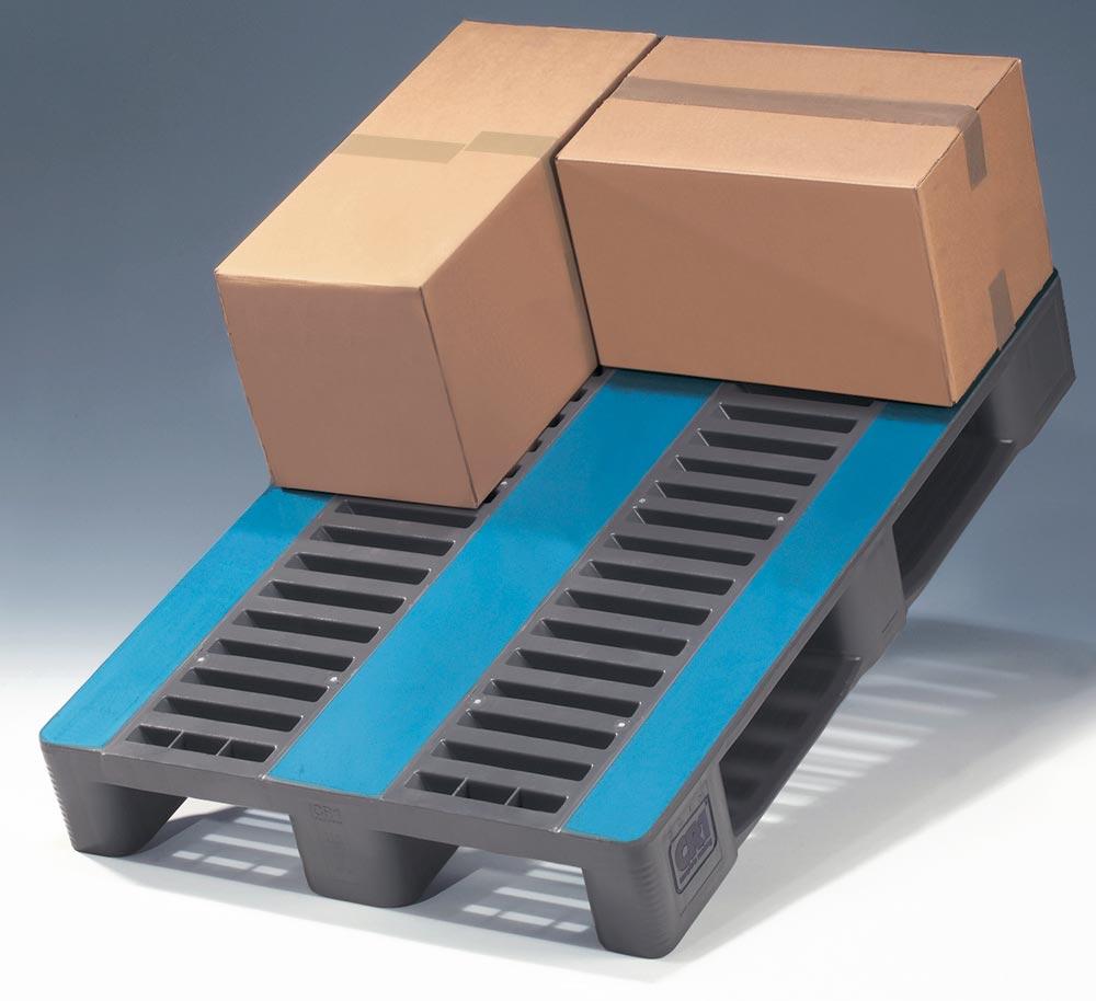 3-Kufen-Palette aus HDPE,  Traglast stat./dynam. 2000/500 kg, BxTxH 800x600x160 mm, mit Rand, Farbe grau