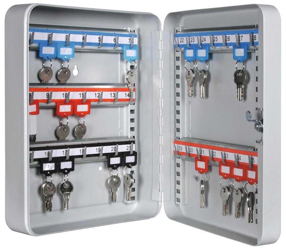 Schlüsselkassetten, Stahlblech, Raster-Hakenleisten, 42 Haken, Zylinderschloss, BxTxH 240x80x300 mm