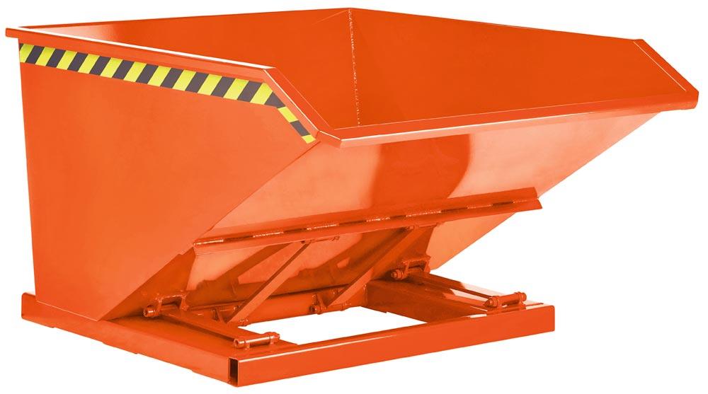 Muldenkippbehälter, Scherenmechanik, Vol. 1,5 cbm, Traglast 1200 kg, LxBxH 1450x2370x780 mm, RAL 2004 reinorange