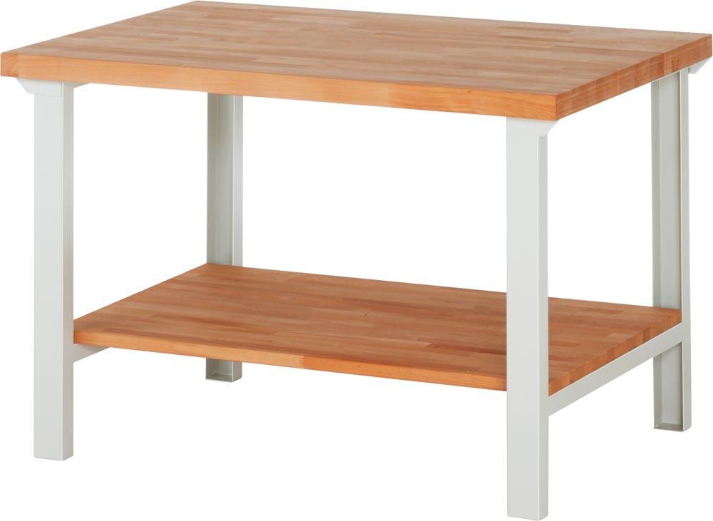 Baukastenwerkbank, Platte Buche 40 mm, Ablageboden Tiefe 745 mm, BxTxH 1250x900x840 mm, RAL 7035