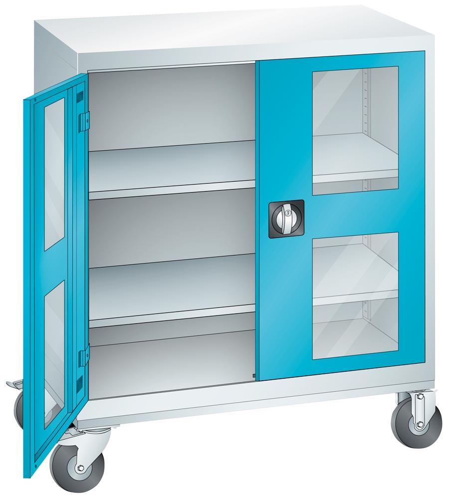 Mobiler Flügeltürenschrank mit Sichtfenstern, BxTxH 1005x500x1195 mm, 2 Fachböden, verzinkt, TL 100 kg, RAL 7035/5012