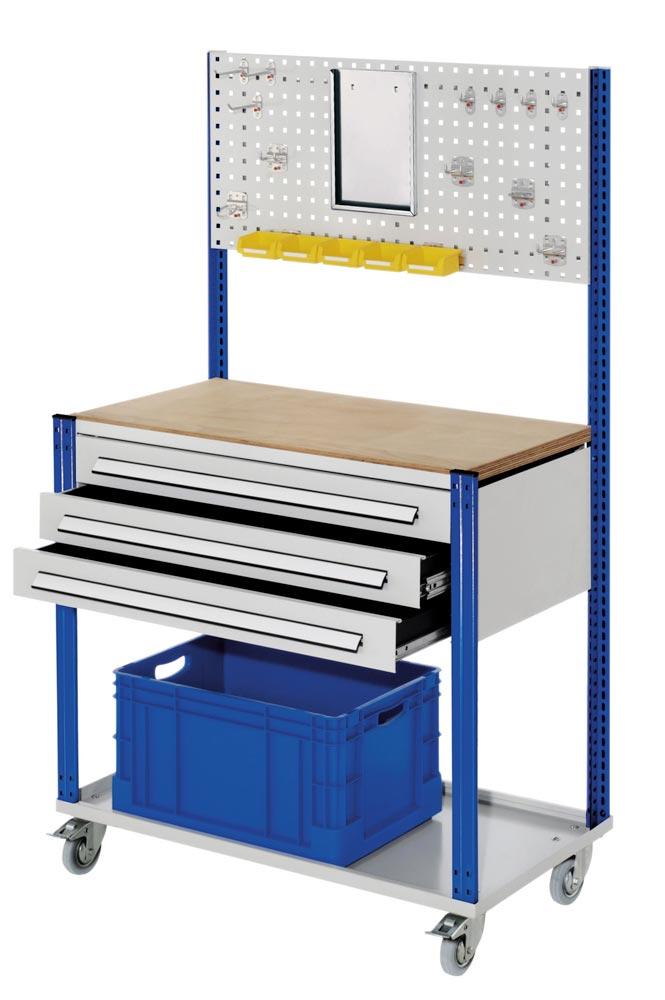 Workstation fahrbar, Arbeitplatte Buche-Multiplex, Schlitzplatte, 3 Schubladen je 100 mm hoch, BxTxH 1000x500x1730 mm, RAL 7035/5010