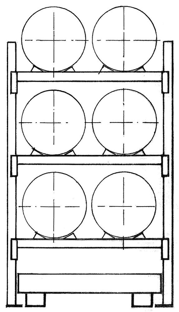 Fassregal, AF, für 6x200 l-Fässer, liegende Lagerung, mit Auffangwanne 285 l, BxTxH 1350x850x2500 mm
