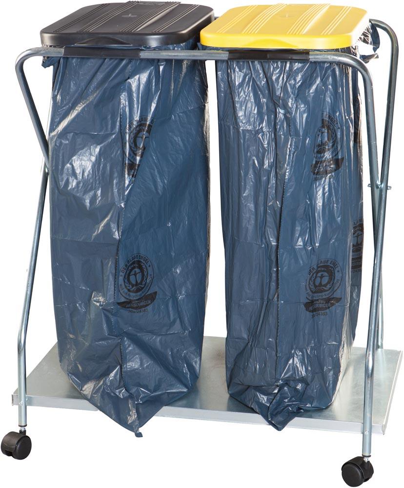 Müllsackständer für 2 x 120-l-Müllsäcke, mit Klemmring, fahrbar, mit Kunststoffdeckel je 1 x schwarz und gelb, BxTxH 770x500x980 mm