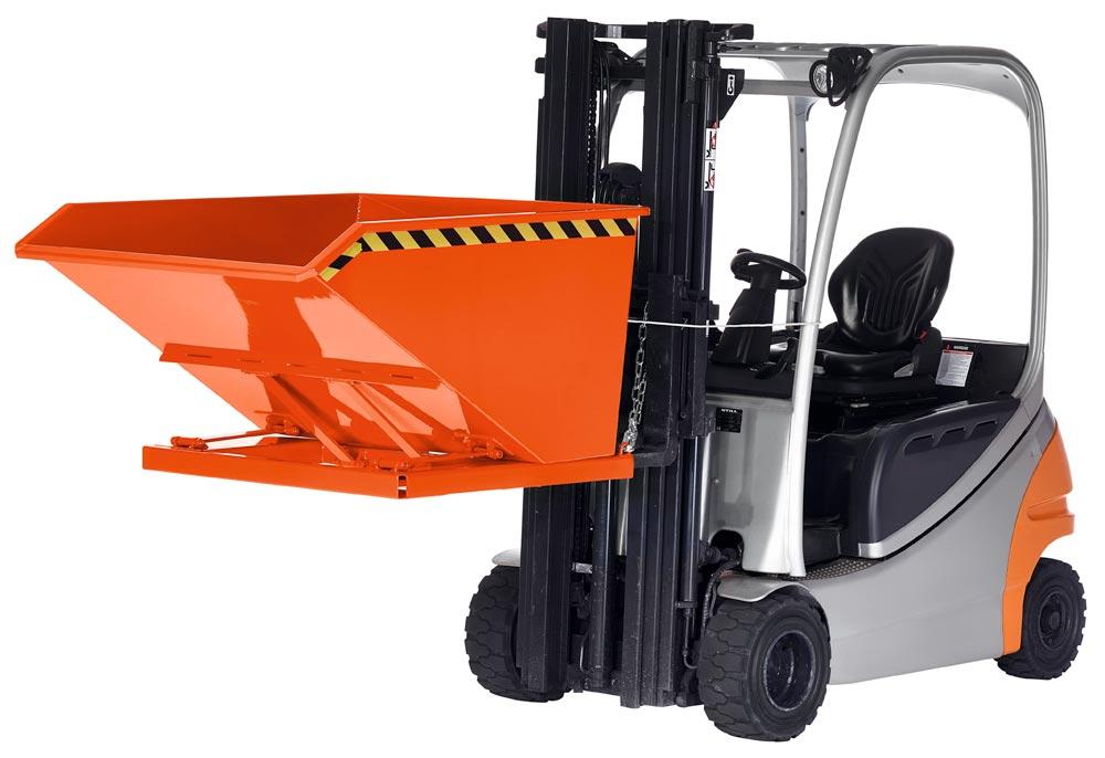 Muldenkippbehälter, Scherenmechanik, Vol. 1,5 cbm, Traglast 1200 kg, LxBxH 1450x2370x780 mm, RAL 2004 reinorange
