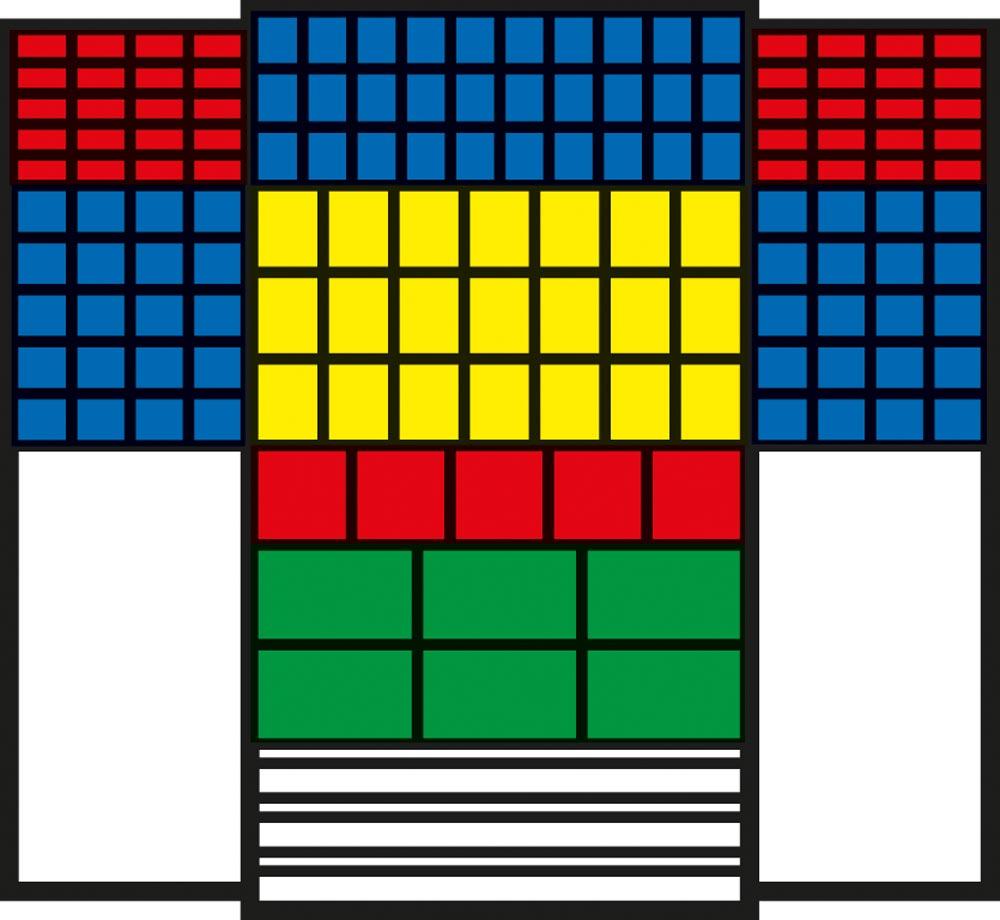 Großraumschrank, BxTxH 1100x530x1950 mm, 3 Schub., Kästen: 40xGr. 6 rot, 70xGr. 5 blau, 21xGr. 4 gelb, 5xGr. 3z rot, 6xGr. 2z grün, RAL 7035 lichtgrau