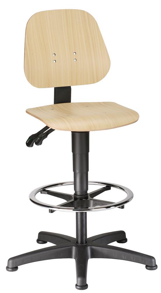 Arbeitsdrehstuhl, Sitz Höhe 580-850 mm, Sitz- u. Rücken aus Buche, mit Gleitern u. Fußring