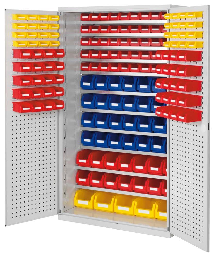 Großraumschrank, Türen mit Lochplatten, Kästen: 20xGr. 4, 28xGr. 6, 30xGr. 7, BxTxH 1130x590x1950 mm, RAL 7035 lichtgrau