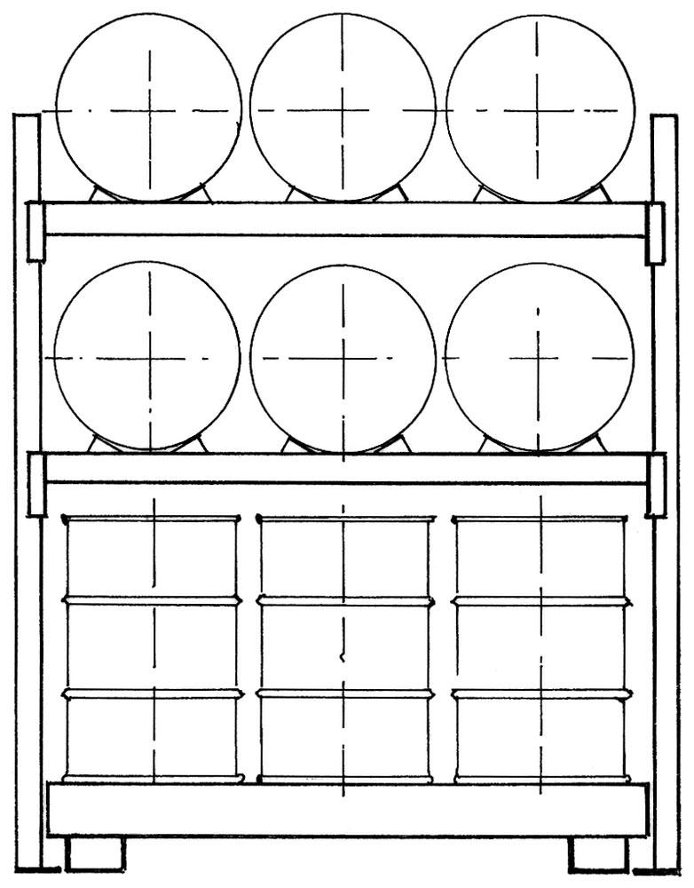 Fassregal, AF, für 6x200 l liegend, 6x200 l stehend, mit Auffangwanne 375 l, BxTxH 2225x850x2500 mm