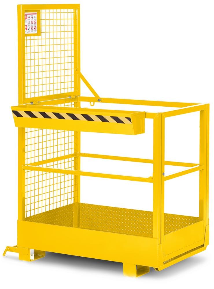 Arbeitskorb mit Aufnahme von der schmalen Seite, Zulässig für 2 Personen, BxTxH 800x1200x1900 mm, Traglast 300 kg, RAL RAL 1023 verkehrsgelb