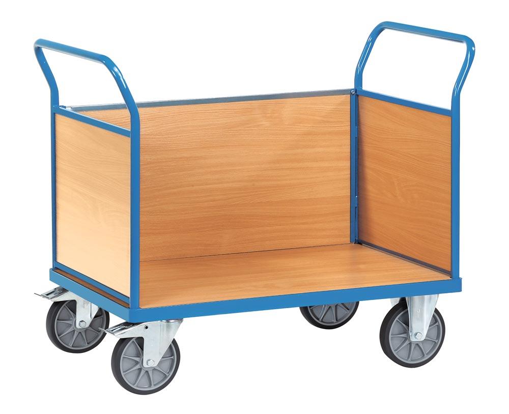 Dreiwandwagen mit Holzwänden, Ladefläche LxB 1000x700 mm, Außenmaße LxBxH 1180x709x990 mm, Traglast 600 kg, RAL 5007 brillantblau