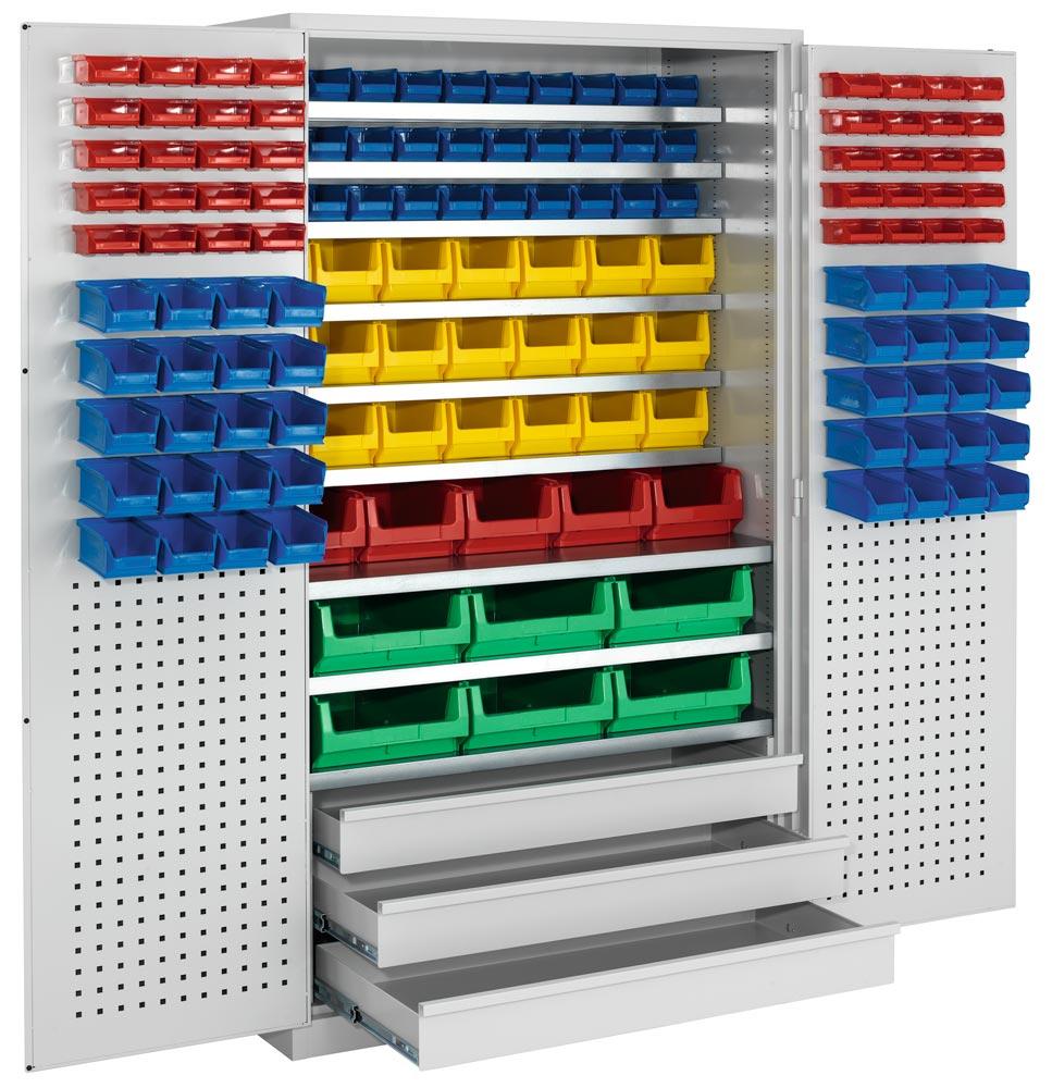 Großraumschrank, BxTxH 1100x530x1950 mm, 3 Schub., Kästen: 40xGr. 6 rot, 70xGr. 5 blau, 21xGr. 4 gelb, 5xGr. 3z rot, 6xGr. 2z grün, RAL 7035 lichtgrau