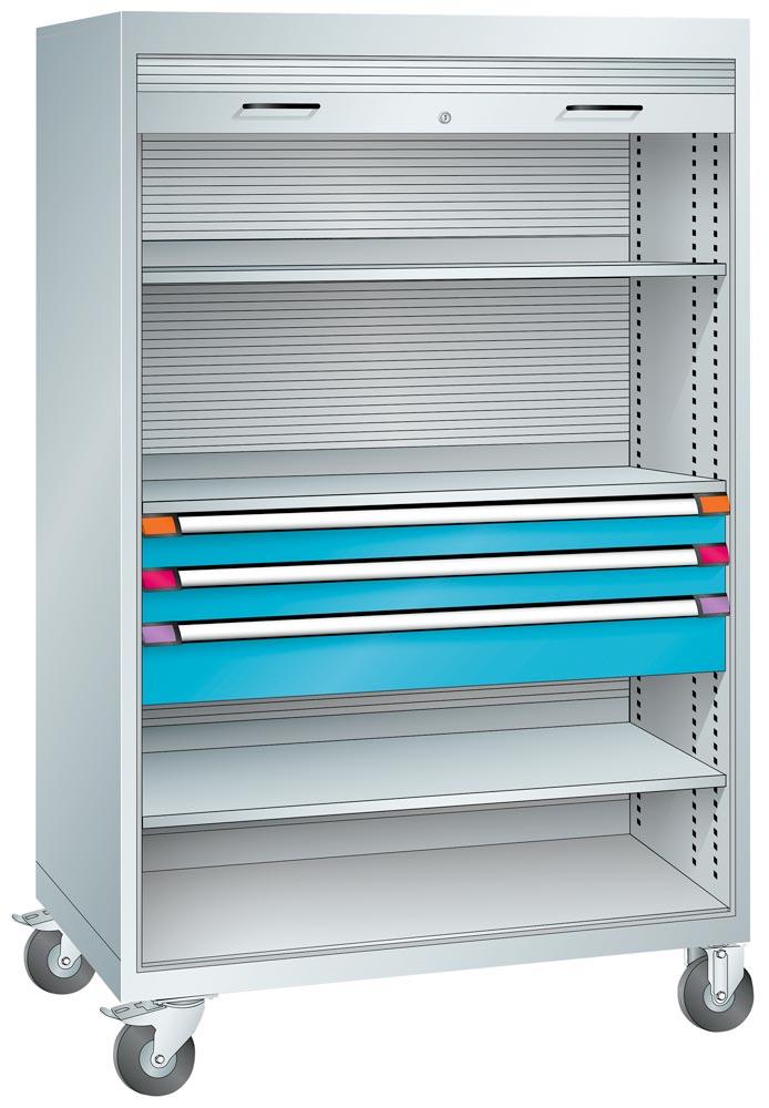 Mobiler Materialschrank mit Rolladen, BxTxH 1005x691x1800 mm, 2 Fachböden, verzinkt, TL 100 kg, 3 Schubladen, RAL 7035/5012