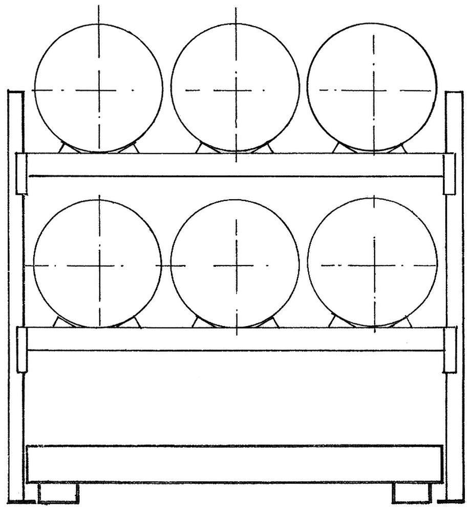 Fassregal, AF, für 6x200 l-Fässer, liegende Lagerung, mit Auffangwanne 375 l, BxTxH 2225x850x2000 mm