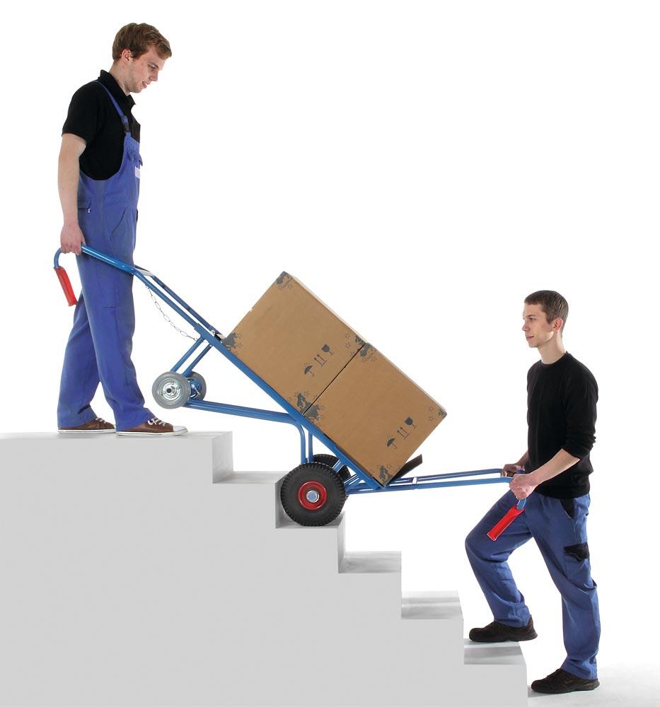 Gerätekarre, Schaufel 550x190 mm, BxH 700x1300 mm, kompl. mit Lufträdern, Treppensternen, Tragholm und Spanngurt, Traglast 400 kg, RAL 5007 blau