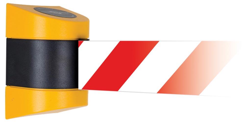 Wandkassette mit Rollgurt, Wandfixierung inkl. Wandanschluss, Gehäuse Kunststoff Gelb, Gurt 4,60 m, rot/weiß