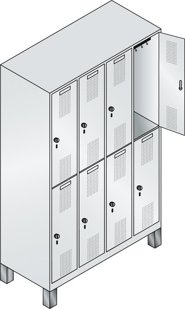 Fächerschrank, Front Stahl, doppelstöckig, 3x2 Fächer, Abt.B 400 mm, Füße, Drehriegel, BxTxH 1200x500x1850 mm, RAL 7035/3003