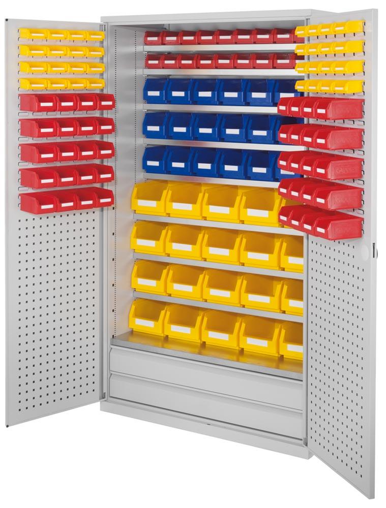 Großraumschrank, Türen mit Lochplatten, Kästen: 20xGr. 4, 28xGr. 6, 30xGr. 7, BxTxH 1130x590x1950 mm, RAL 7035 lichtgrau