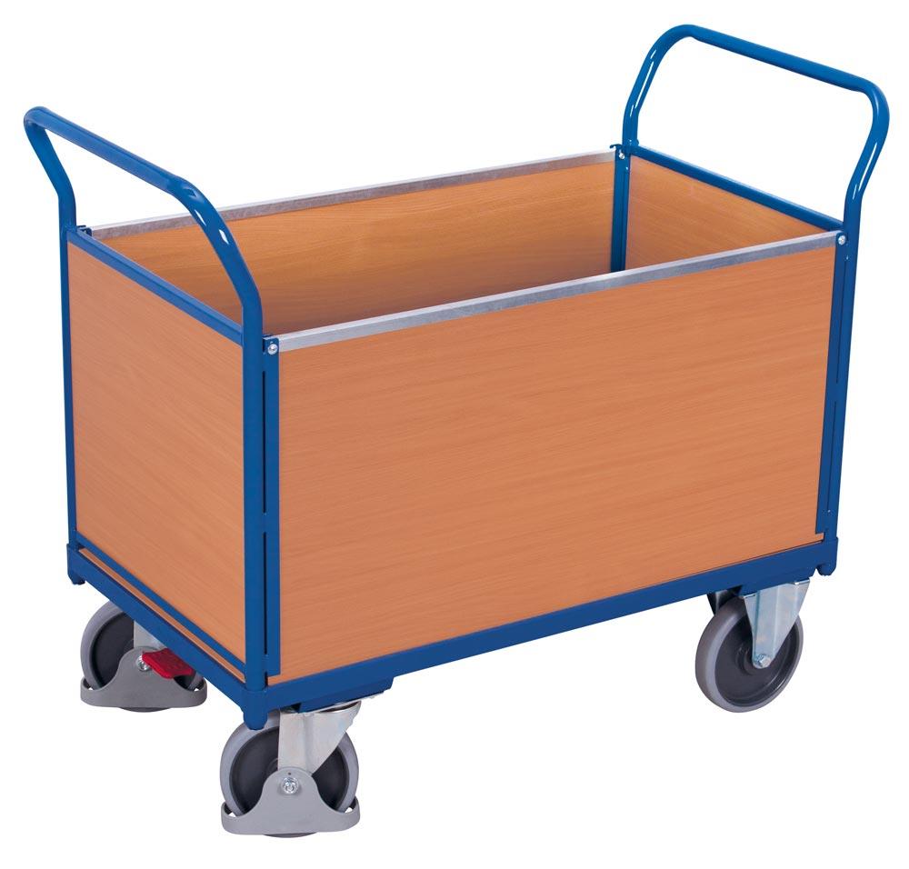 Vierwandwagen mit Holzwänden, Ladefläche LxB 850x450 mm, Außenmaße LxBxH 1040x500x975 mm, Traglast 400 kg, RAL 5010 enzianblau