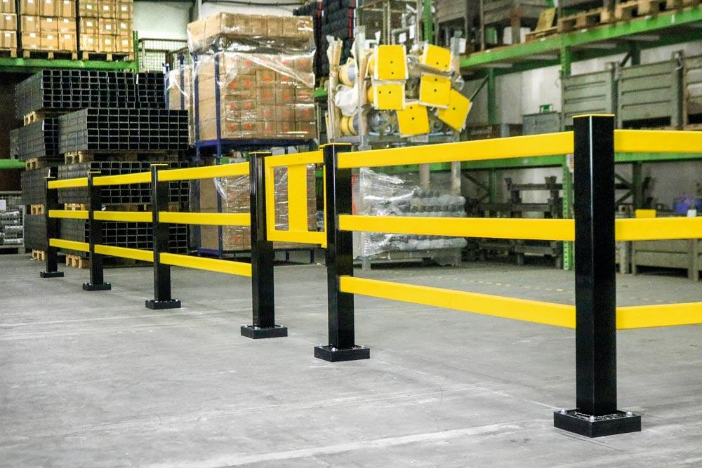 Säulenschutz, Hybrid-Geländer, 4 Stahlpfosten und 12 Kunststoffbalken, für Rechtecksäulen von 200-700 mm, schwarz/gelb