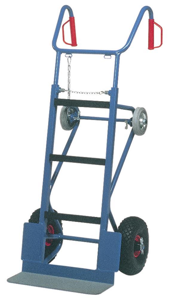 Gerätekarre, Schaufel 550x190 mm, BxH 700x1300 mm, kompl. mit Lufträdern, Treppensternen, Tragholm und Spanngurt, Traglast 400 kg, RAL 5007 blau