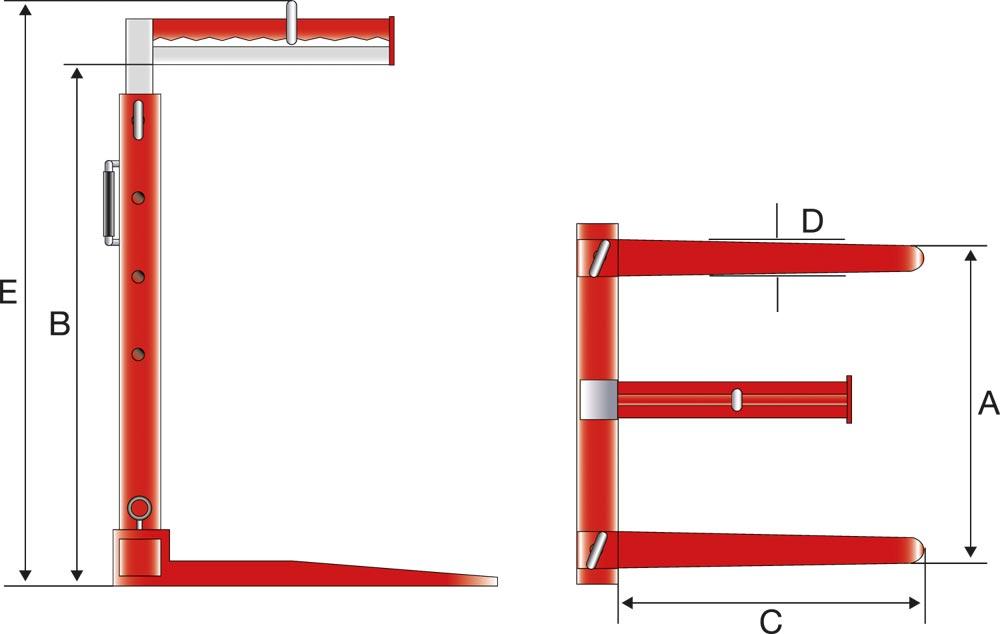 Kran- und Ladegabel, automatischer Gewichtsausgleich, Zinkenverstellbereich 400-900 mm, Gesamthöhe 1640-2340 mm, Traglast 2000 kg