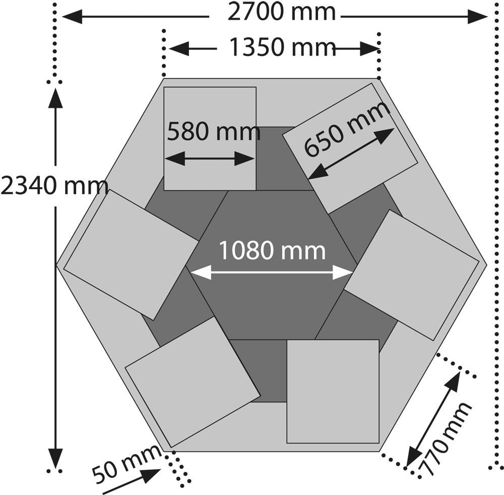 6-Eck-Werkbank, Platte Buche 40 mm, mit 6 Unterbauschränken mit je 5 Schubladen, Kantenlänge 1350 mm, Höhe 840 mm, RAL 7035/5010
