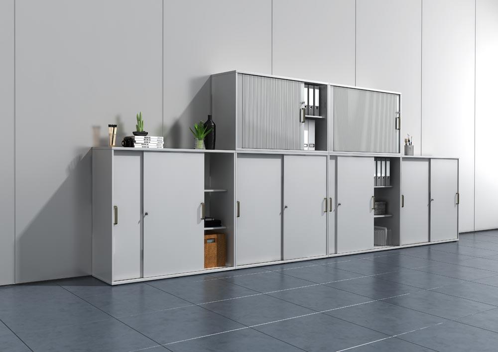 Büro-Schiebetürenschrank, BxTxH 1200x400x1100 mm, 3 OH, 2 Böden, Schloss, weiß