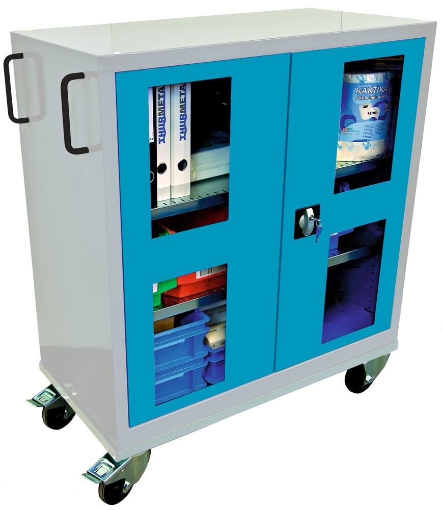 Mobiler Flügeltürenschrank mit Sichtfenstern, BxTxH 1005x500x1195 mm, 2 Fachböden, verzinkt, TL 100 kg, RAL 7035/5012
