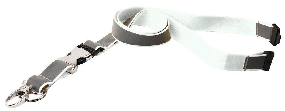 Sicherheits-Umhängeband, Polyester, LxB 550x20 mm, mit Leichtverschluss, Karabinerhaken + Schlüsselring, weiß, VE 30 Stück
