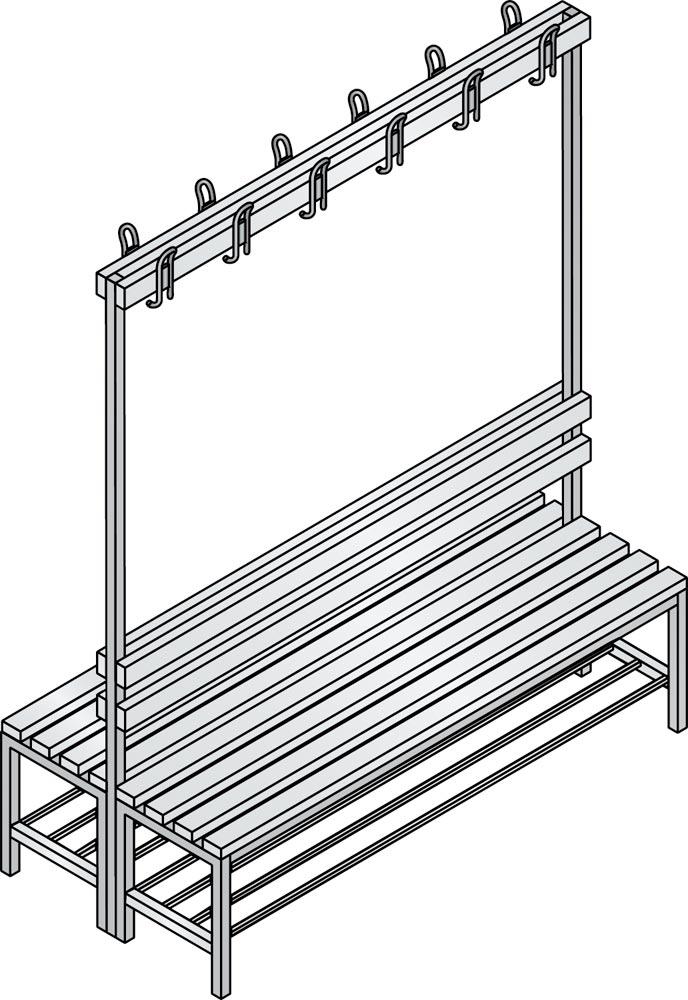 Doppelseitige Garderobenbank, Hartholzleisten, mit Schuhrost, TxH 756x1710 mm, Länge 1960 mm, RAL 7021