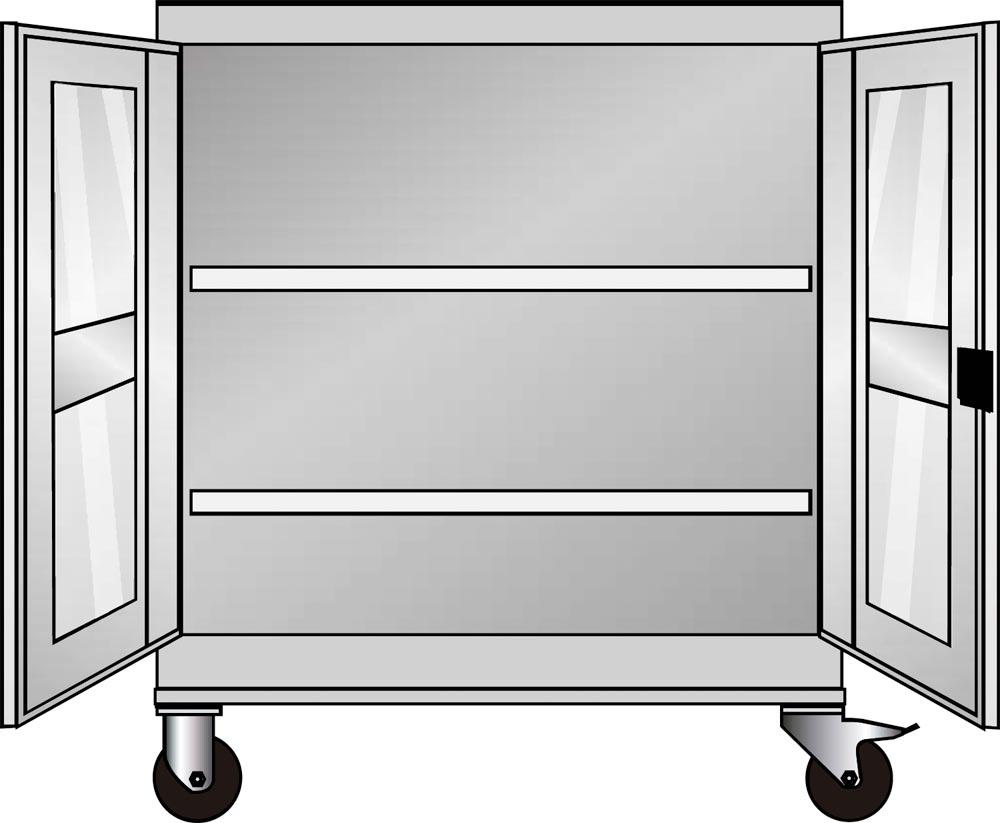 Mobiler Flügeltürenschrank mit Sichtfenstern, BxTxH 1005x500x1195 mm, 2 Fachböden, verzinkt, TL 100 kg, RAL 7035/5012