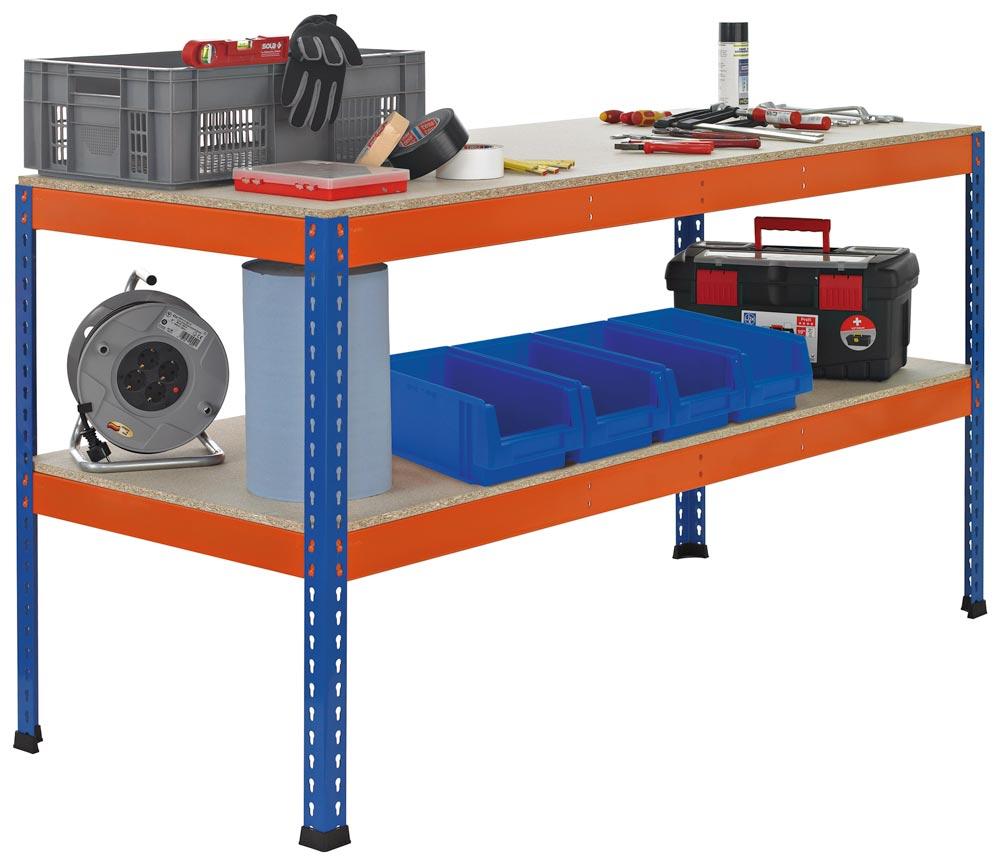 Packtisch, BxTxH 2450x621x990 mm, 1 Zwischenboden, blau/orange