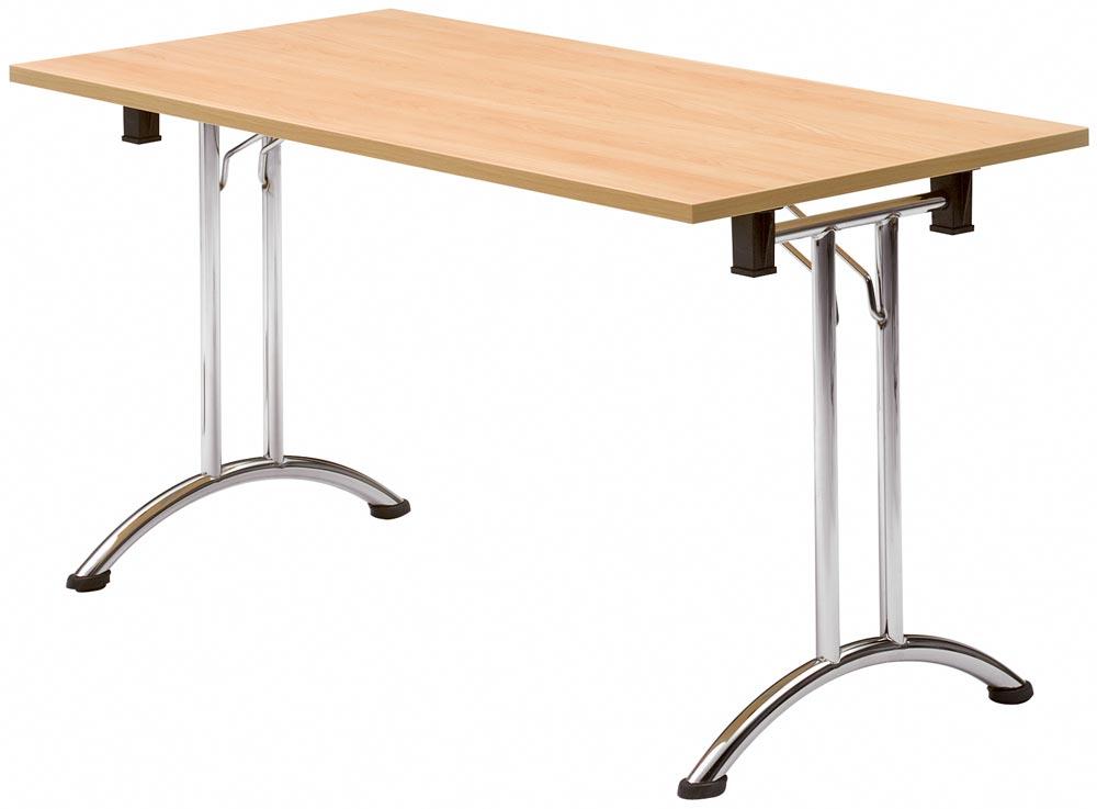 Klapptisch, BxTxH 1800x700x720 mm, T-Fuß-Gestell verchromt, gebogene Kufen, melaminharzbesch. Platte buche