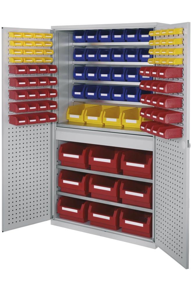Großraumschrank, Türen mit Lochplatten, Kästen: 20xGr. 4, 28xGr. 6, 30xGr. 7, BxTxH 1130x590x1950 mm, RAL 7035 lichtgrau