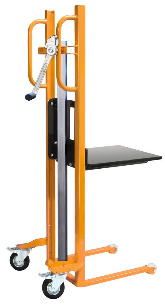 Materialheber, Traglast 150 kg, mit Plattform BxT 460x500 mm, Hubhöhe 1200 mm, Lenkräder TPE, Lasträder Polyamid, RAL 1028 melonengelb