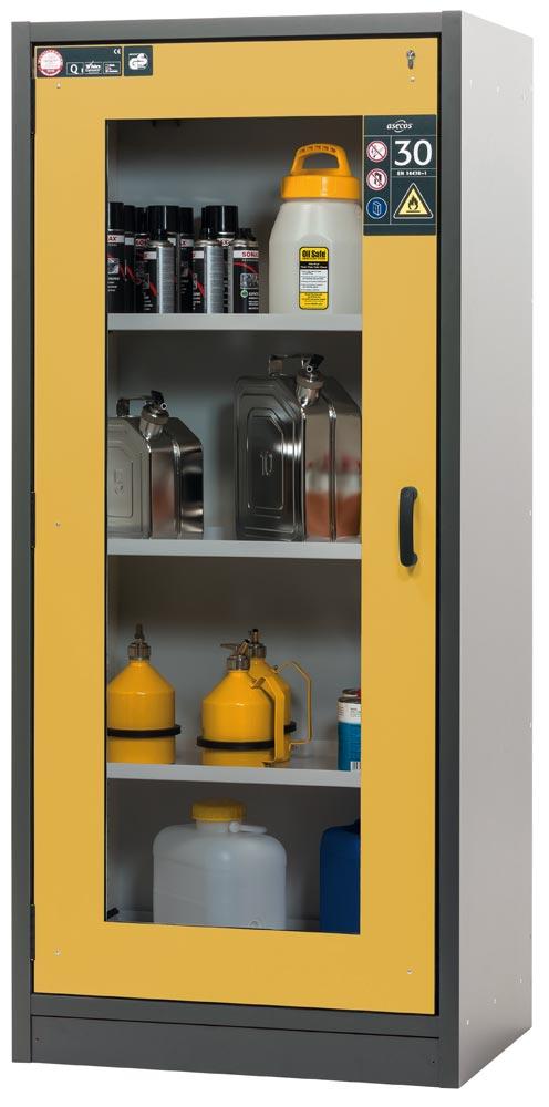 Gefahrstoffschrank m. Sichtfenstertüren, BxTxH 864x620x1947 mm, 3 Böden, 1 Bodenwanne, 1 Lochblech, FWF 30, ähn. RAL 7016/1004
