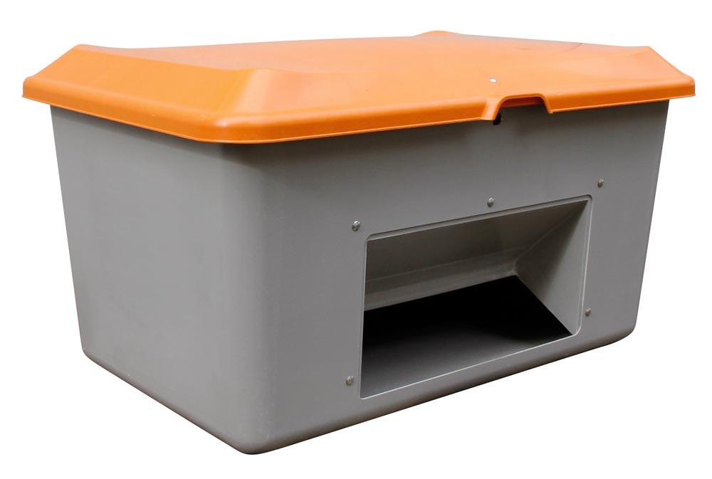 Streugutbehälter 1500 l, Außenmaß BxTxH 1840x1430 x1040 mm, mit Entnahmeöffnung, Korpus grau, Deckel orange