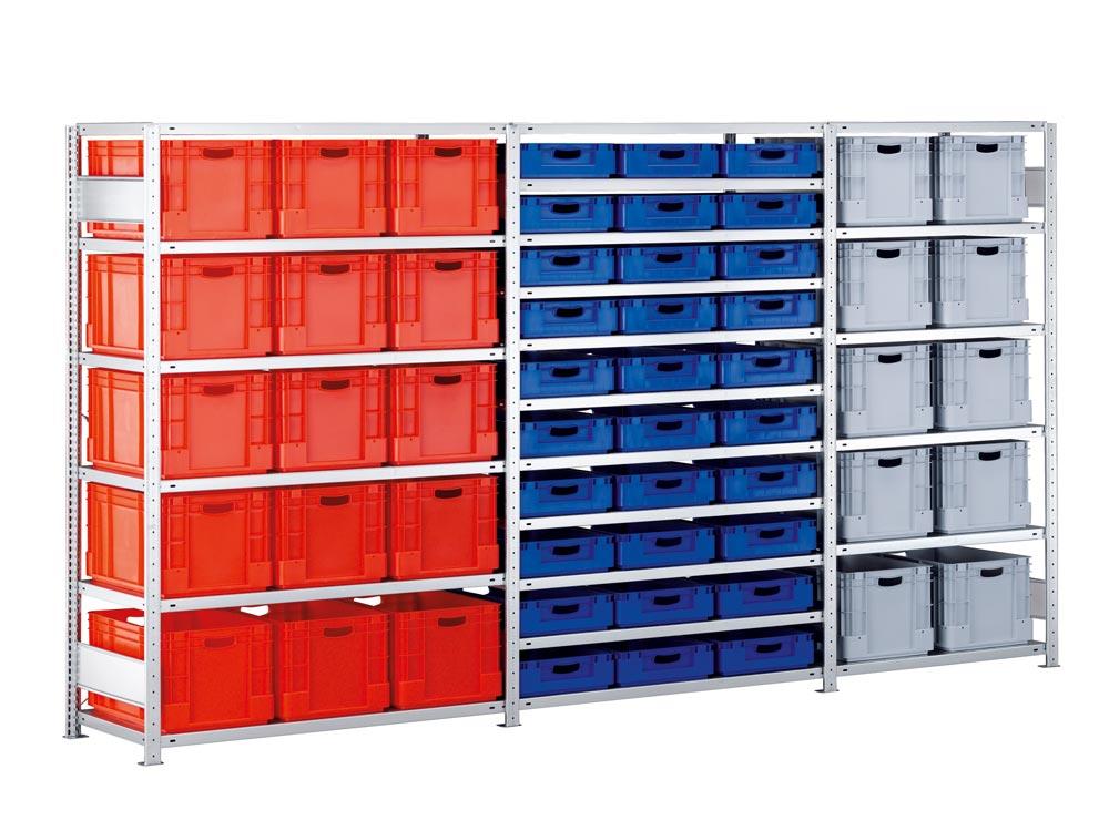 Eurokastenregal, Grundfeld, BxTxH 1000x600x2000 mm, 6 Fachebenen, 10 Euronormkästen rot, 60 Liter, BxTxH 600x400x320 mm, Fachlast 250 kg