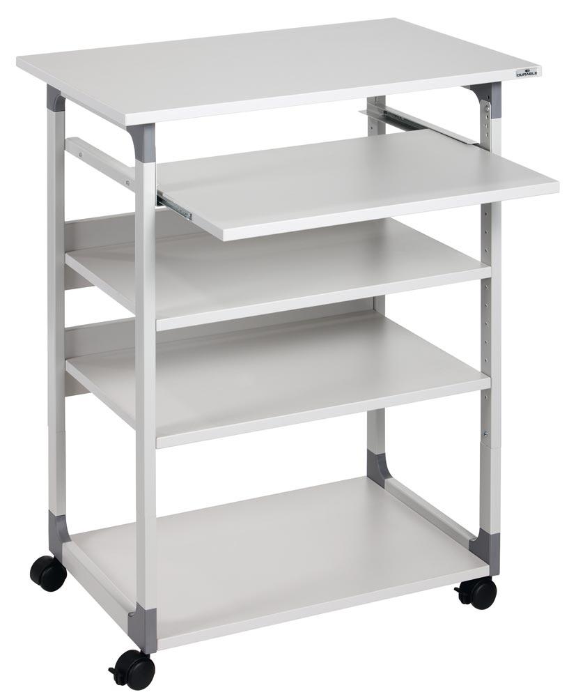 Computertisch, BxTxH 750x534x950-1150 mm, 4 Böden, höhenverstellbarer Tastaturauszug, fahrbar, lichtgrau