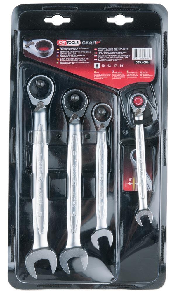 Ratschen-Ringmaulschlüssel-Satz GEARplus, umschaltbar, 4tlg., 10-19 mm, Rolltasche Ratschen-Ringmaulschlüssel-Satz GEARplus, umschaltbar, 4tlg., 10-19 mm, Rolltasche
