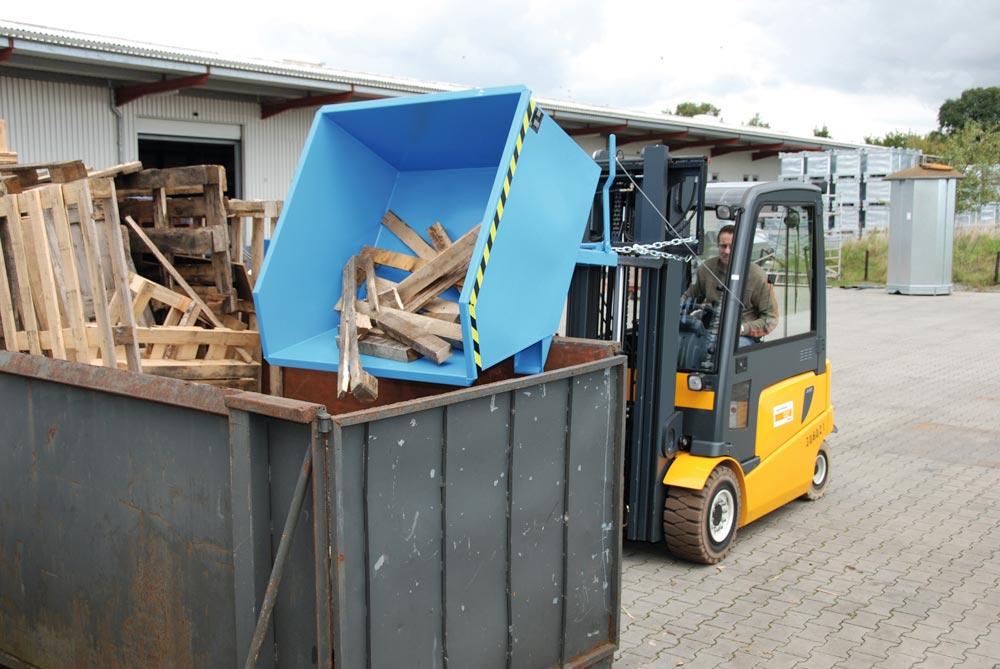 Mulden-Selbstkippbehälter, automatischer Aufrichter, Traglast 1000 kg, LxBxH 1440x780x680 mm, Vol. 0,50 cbm, RAL 5012 lichtblau