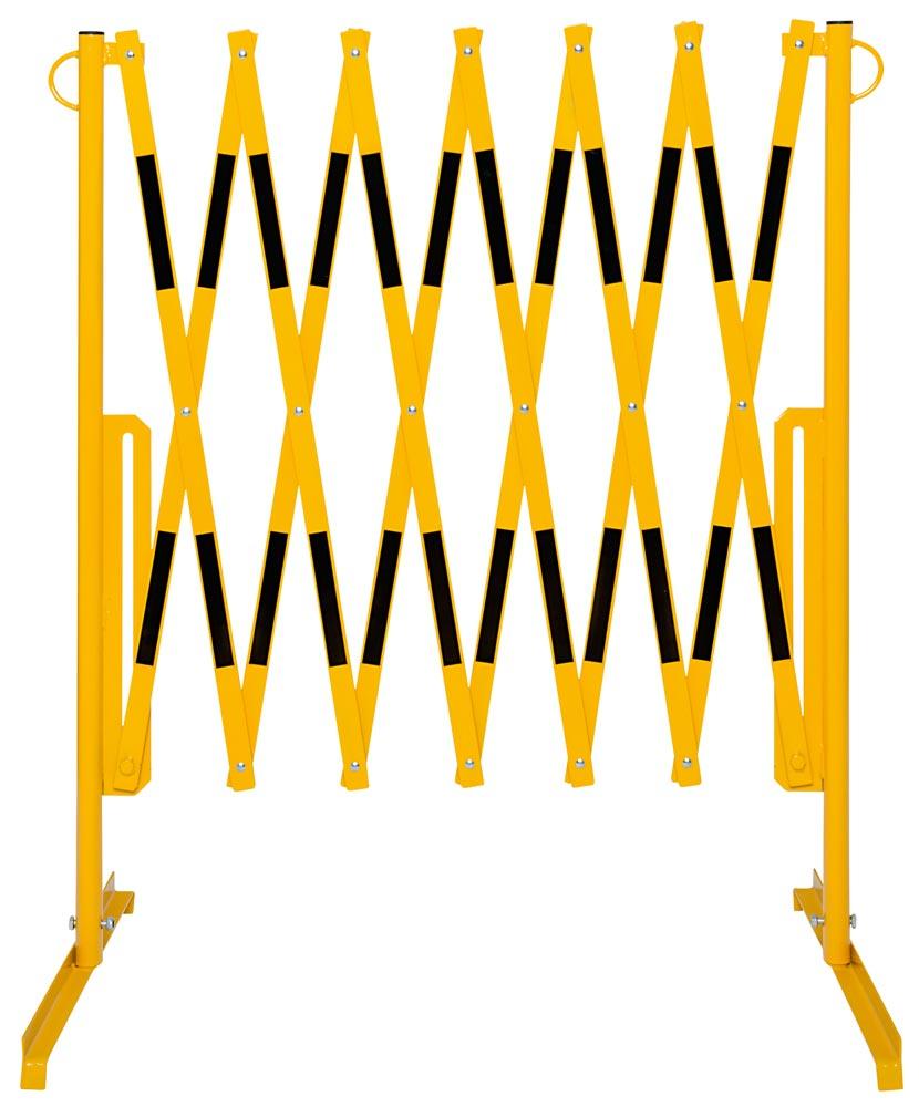 Scherensperrgitter, gelb mit schwarzen Streifen, Ständer aus Stahlrohr, Stäbe aus Flachstahl 25/4 mm, Höhe 1000 mm, ausziehbar bis 3600 mm