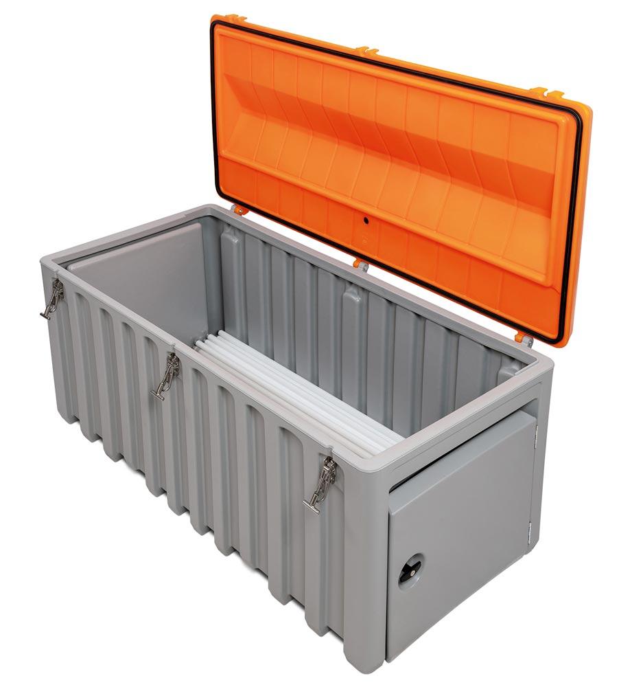 Materialbox, mit Seitentür BxH 500x450mm, Polyethylen, grau/orange, Volumen 750 l, BxTxH 1700x840x800 mm, Gewicht 43kg