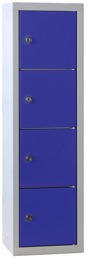 Kleinfachschrank, Modulsystem, Wandbefestigung, BxTxH 225x200x778 mm, 4 Fächer, Türen glatt, Schloss, RAL 7035/5010 lichtgrau/enzianblau