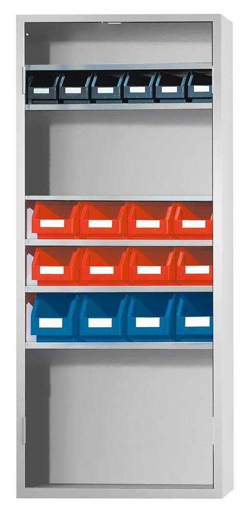 Ordnungsschrank, ohne Türen, 6 Fachböden, Kästen 4xGr. 3, 8xGr. 4, 6xGr. 5, BxTxH 950x400x1950 mm, RAL 7035 lichtgrau