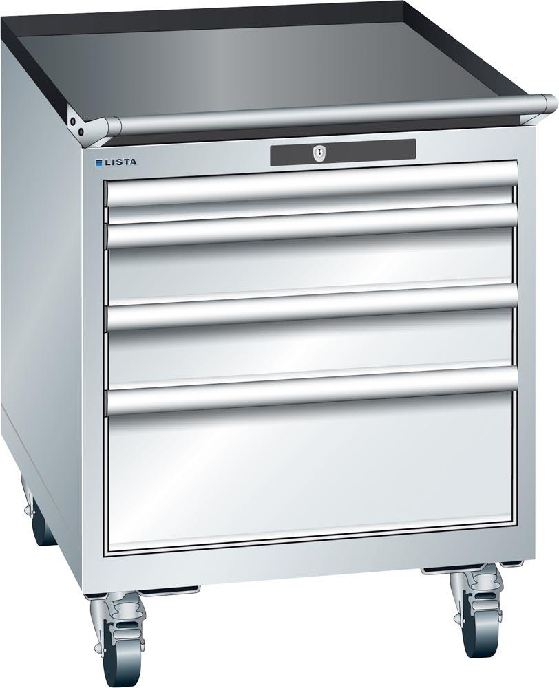 Schubladenschrank, Traglast/Schubl.: 75 kg, fahrbar, 4 Schubl.: 1x50, 2x100, 1x200 mm, RFID-Schloss, BxTxH 564x725x723 mm, RAL 5012